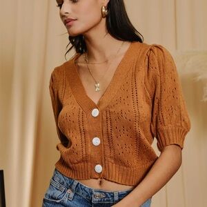 Endless Blu, Brown Puff Sleeve Pointelle Knit Cardigan, Size S/M/L